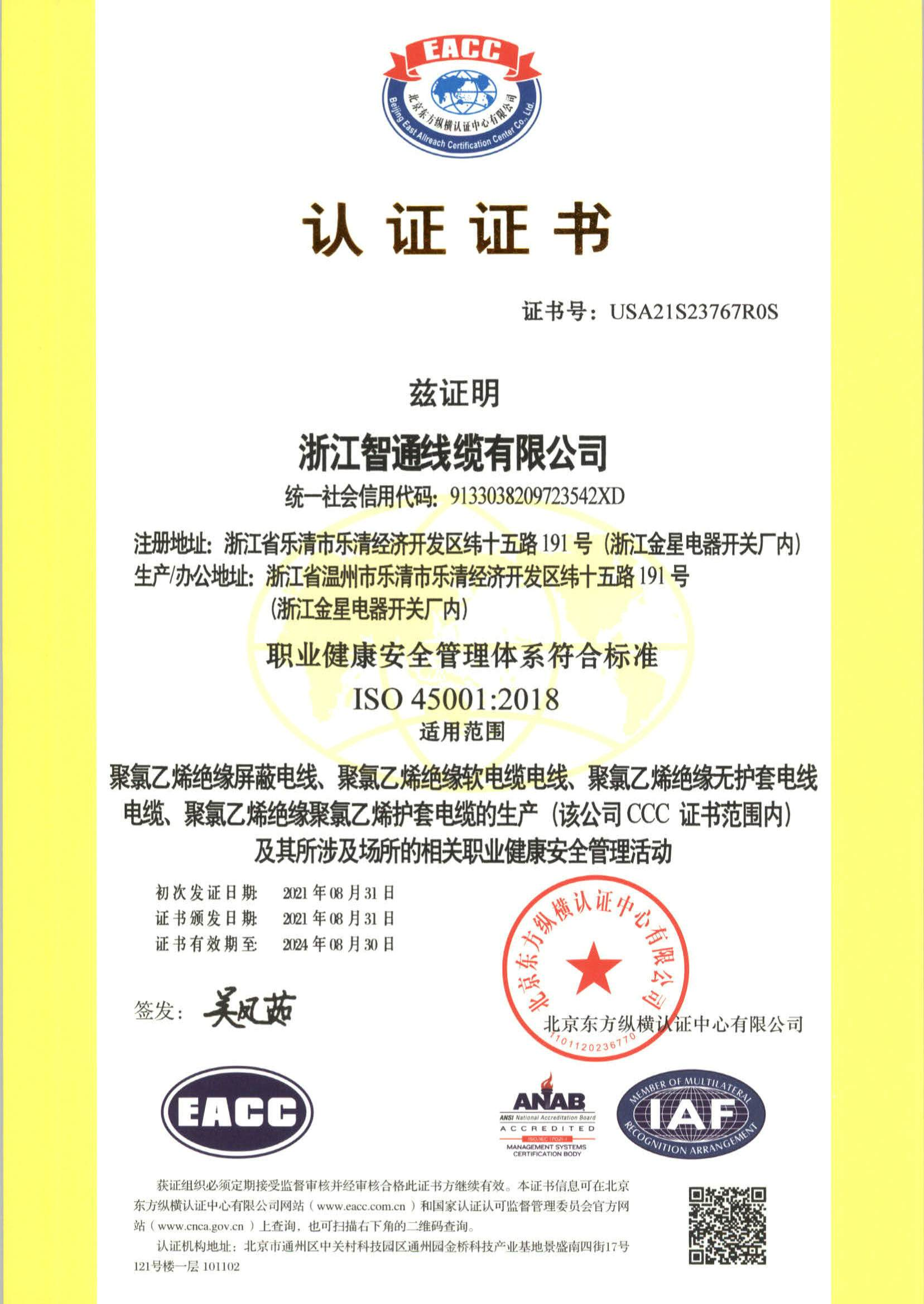 職業健康安全管理體系符合標準  ISO 45001:2018